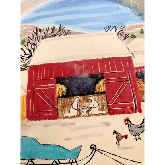 Vtg Ceramic Round Tray 7" Hand Painted Nativity Country Christmas Barn 55 Signed - Picture 2 of 9